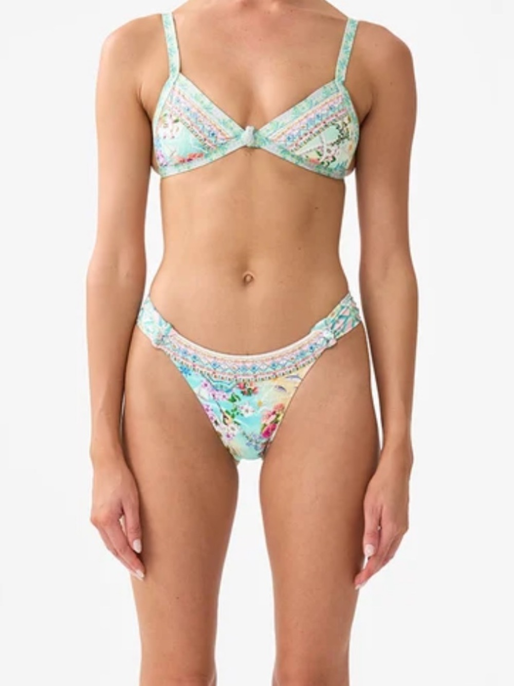 Camilla Mint Green Floral Triangle Bikini Set with Patterned Trim